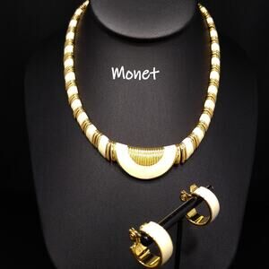 Monet Cream Enamel Gold Plated Necklace & Earrings, 1980s Vintage Jewelry